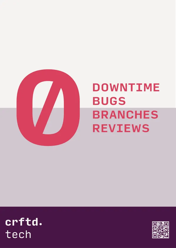 A big ZERO with the words downtime, bugs, branches and reviews enumerated next to it like a list.